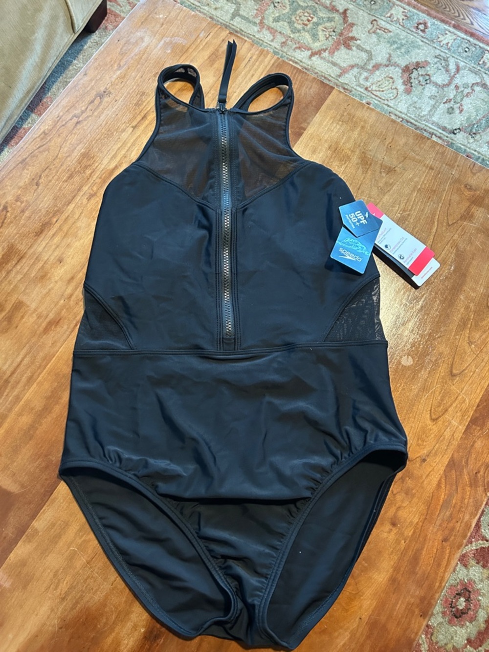 Speedo Black Front-Zip One-Piece Swimsuit with Mesh Insets